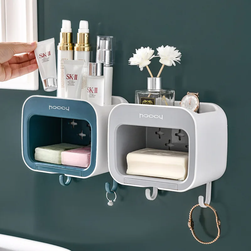 

Drainer Soap Dish For Bathroom Multifunction Soap Holder With Hooks Organizer Punch-free Storage Box Bathroom Accessories