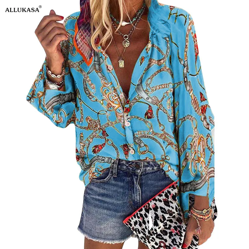 

Women Blouse V-neck Long Sleeve Chains Print Loose casual New Design Plus Size Shirts Womens 2020 Tops And Blouses blusas largas