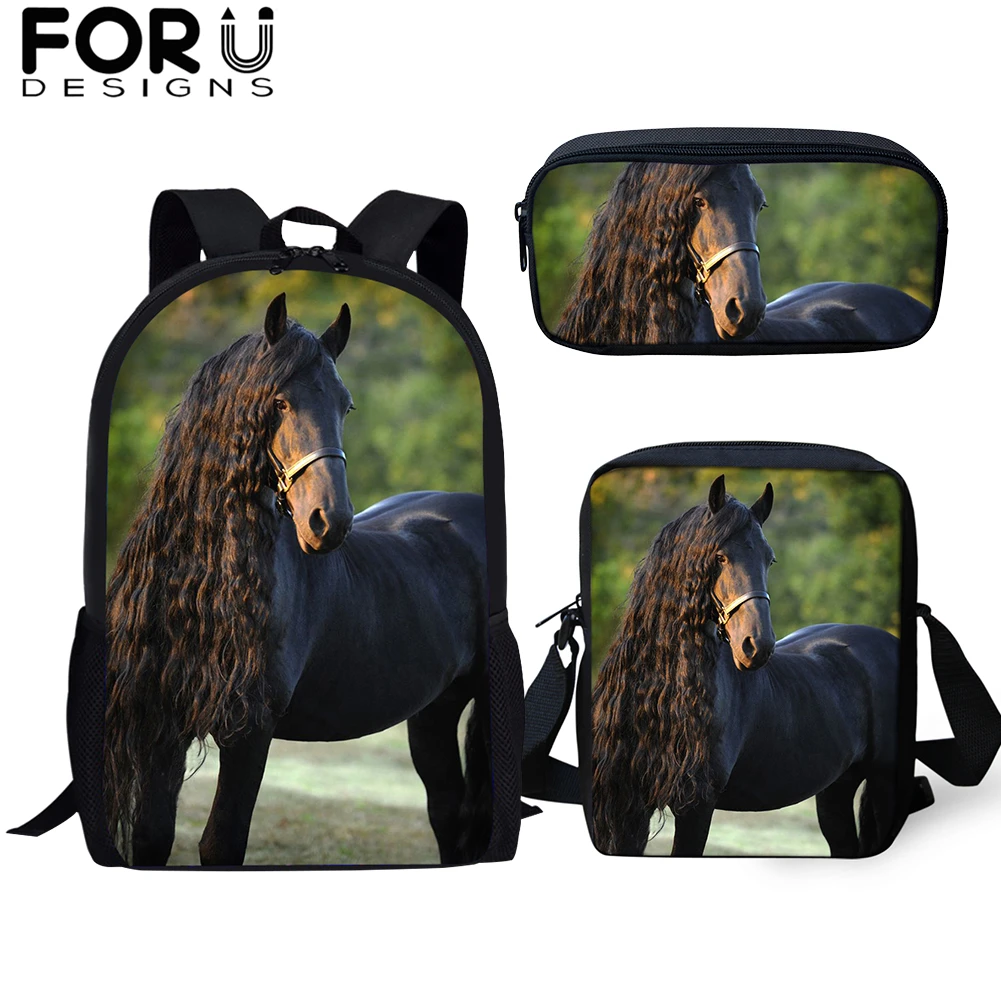 FORUDESIGNS/3 шт./компл. школьная сумка для мальчиков и для девочек-подростков; Friesian рюкзаки с рисунком лошади студент красивый вороной конь рюкзак для путешествий
