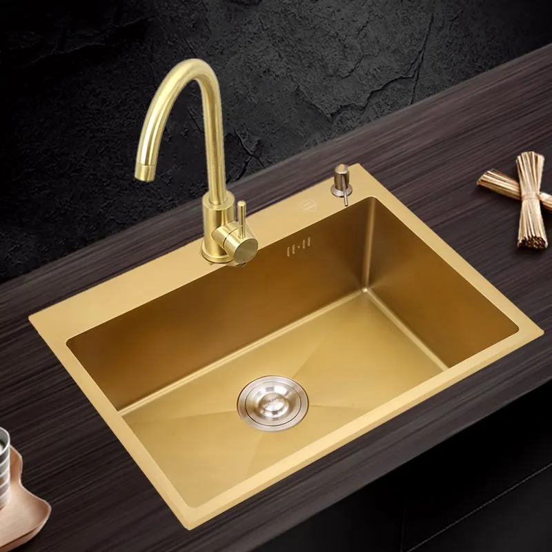 gold kitchen sink gold drain faucet hand wash kitchen sink 1 3m thickened 304 stainless steel antibacterial single tank free global shipping