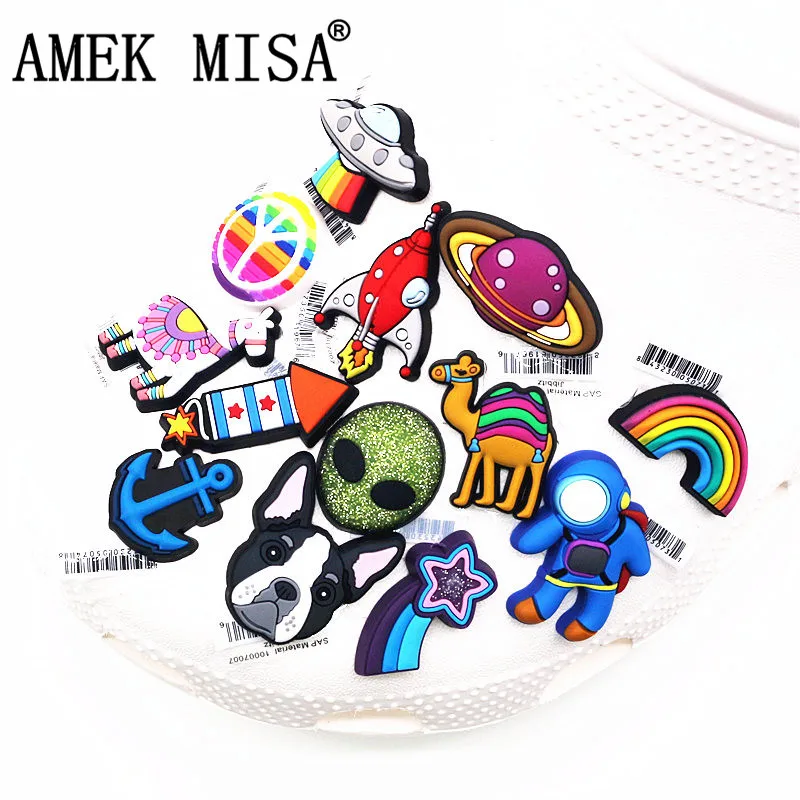 Original 1pcs Bulldog Shoe Croc Charms Alien Rainbow Astronaut Planet PVC Shoe Decoration Accessories JIBZ fit Kids Party Gifts