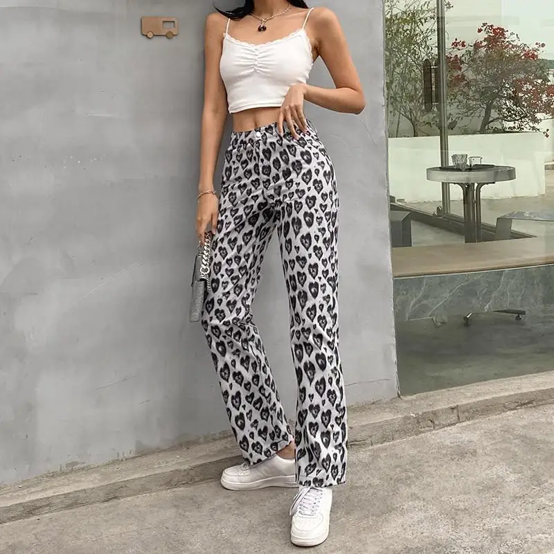 

Women Summer Pants, Full Heart Print Middle Waist Casual Trousers with Pockets for Girls, Black