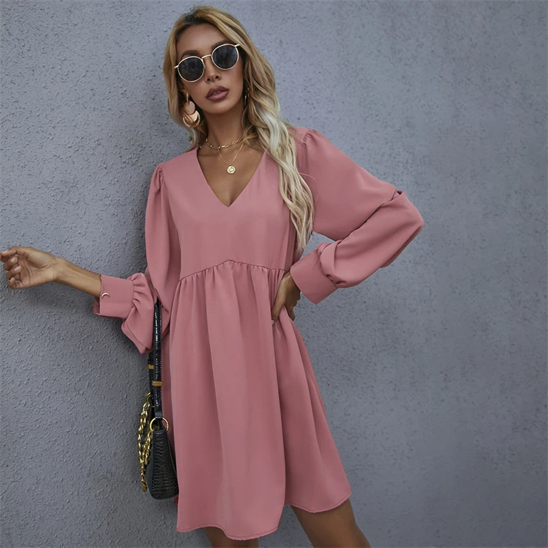 

Casual Women's Dresses for Women 2021 Short Skirt Autumn Winter Dress Long Sleeved V-neck Dress Female Clothing Solid Color Midi