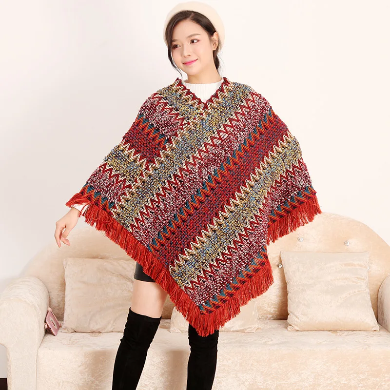 

2020 Multicolor V Neck Loose Sweater Autumn Outer Street Cloak Knitted Tassel Poncho Women Striped Batwing Sleeves Pullover