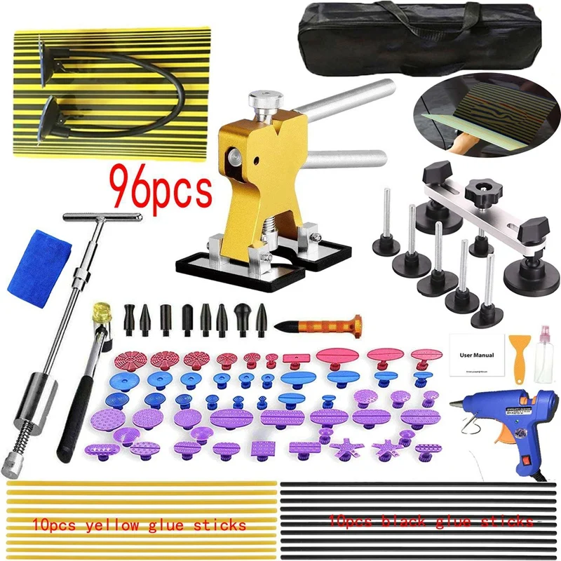 barato 96 Pçs Usb Led Carro Dent Verificação Placa Ue Plug Cola-pistola Paintless Dent Ferramenta De Reparo Kit De Ferramentas De Remoção De Dente Plugue Da Ue