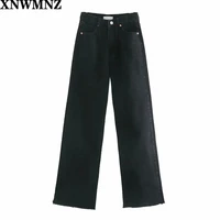 xnwmnz women fashion hi rise wide leg full length jeans vintage faded seamless hems high waist zipper button denim female
