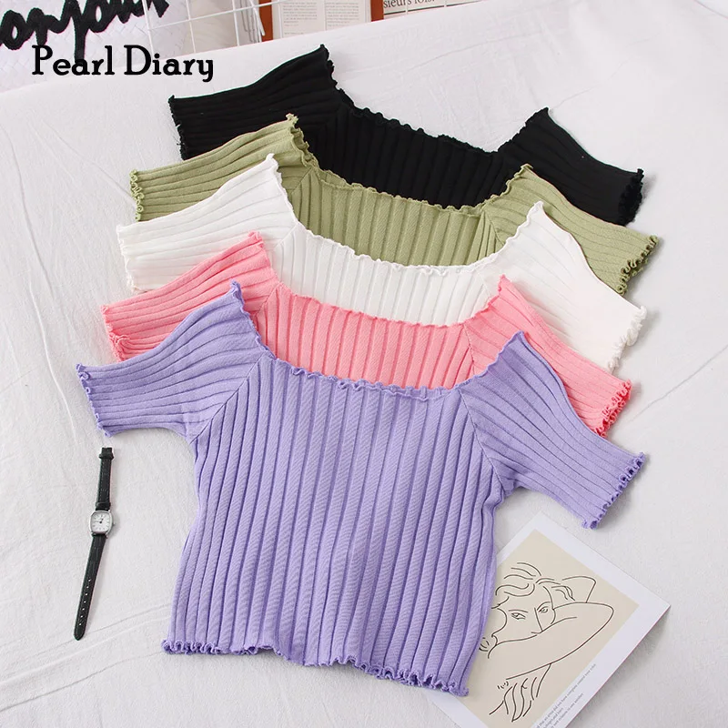 Женский трикотажный топ с открытыми плечами Pearl Diary укороченный ребристый Топик