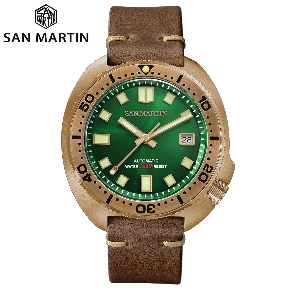 

San Martin Abalone Bronze Diver Men Mechanical Watch Luminous Water Resistant 200M Leather Strap Stylish Sapphire Relojes ас