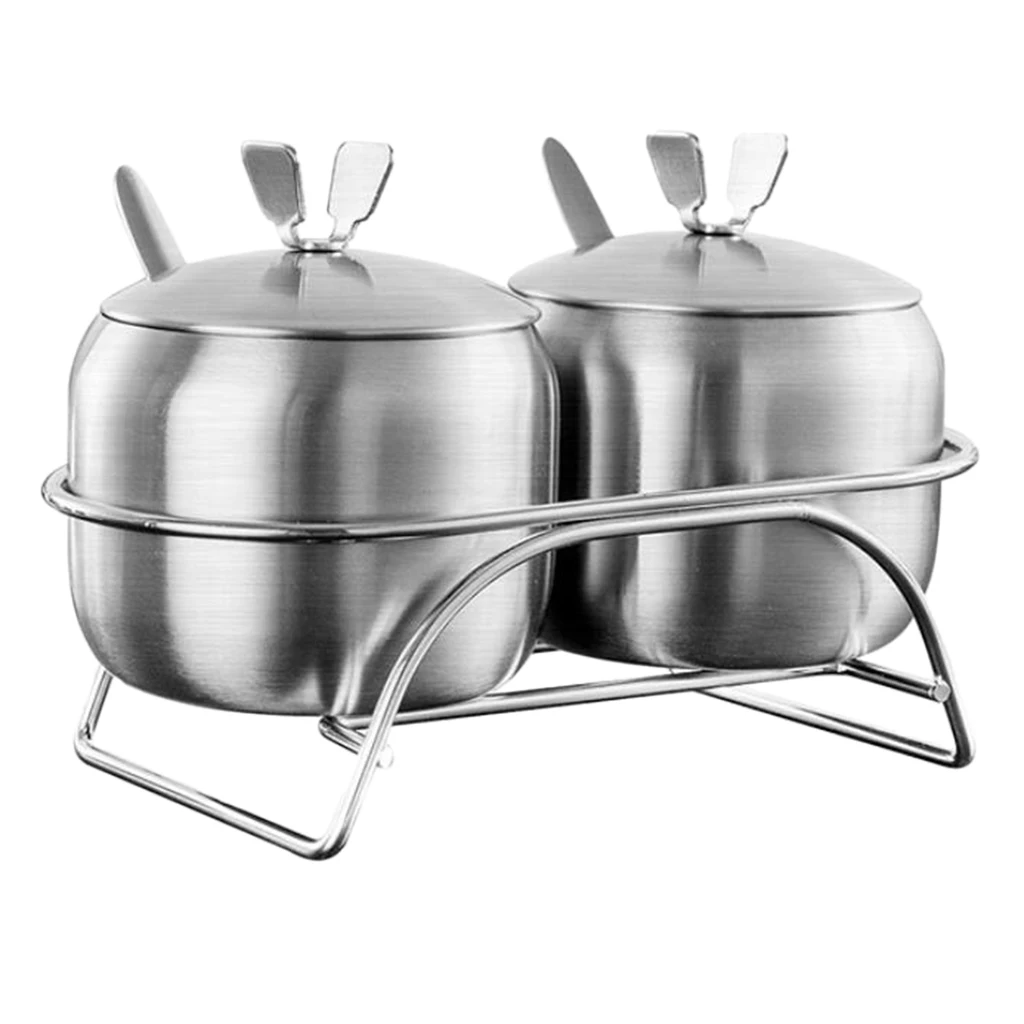

2x Seasoning Jars With Spoons &Base Stainless Steel Spice Jars Condiment Pot