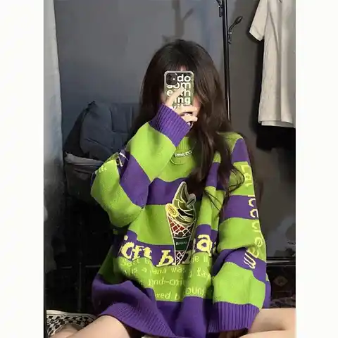 2022 полосатый художественный корейский модный женский свитер, уличное платье для девушек, вязаный пуловер с надписью, куртка в стиле преппи