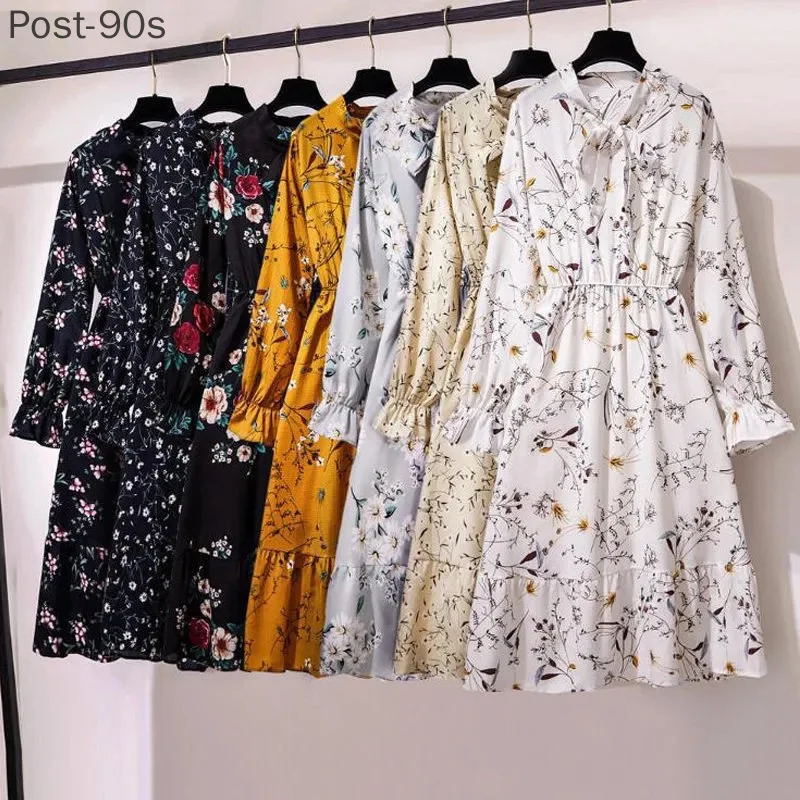 

Женское шифоновое платье-рубашка средней длины, повседневное винтажное платье-рубашка с цветочным принтом, длинным рукавом и бантом в Коре...