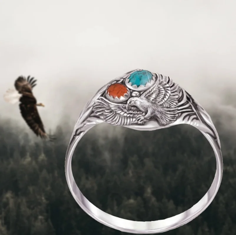 

Fashion retro style red carved eagle feather ring female popular temperament charm accessories holiday banquet gift wholesale