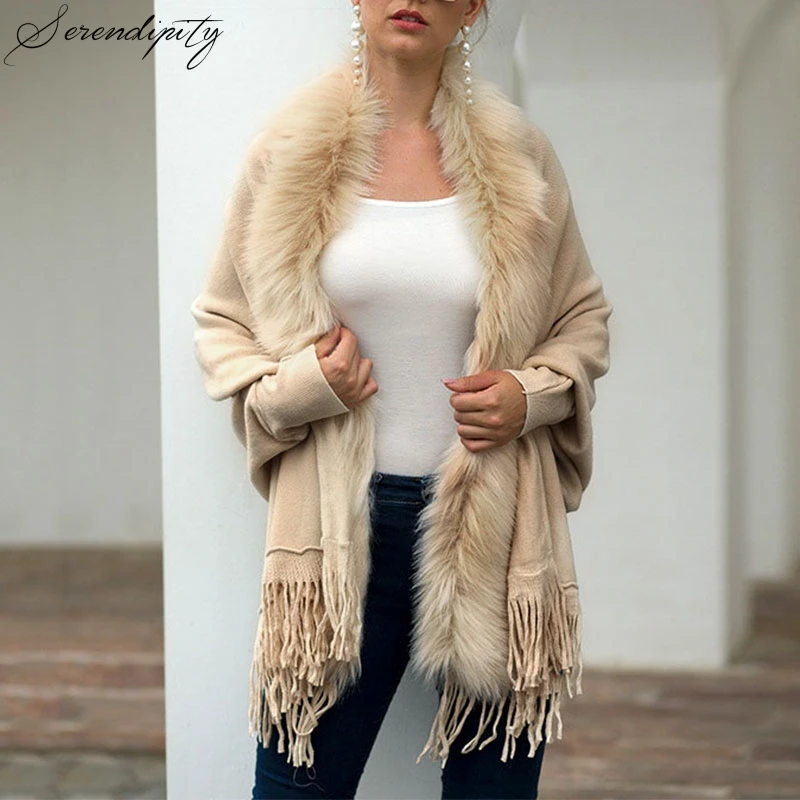 

Women Fashion Faux Fur Knit Cardigan Cape Coat 2020 Autumn Winter Loose Bat Sleeve Knit Jacket Tassel Casual Outwear Open Stitch