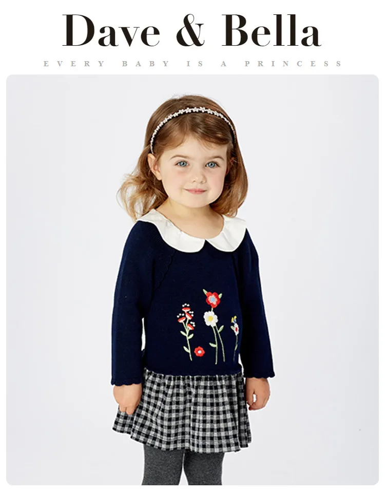 DB11414 dave bella/осеннее платье-свитер принцессы с цветочным рисунком для маленьких девочек детское модное праздничное платье детская одежда в стиле «лолита»