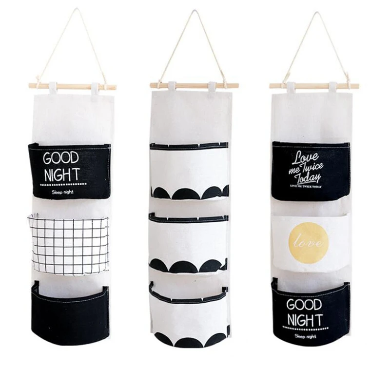 

3Pcs Hanging Storage Bag with 3 Pocket Cotton Linen Wall over the Door Closet Bathroom Moisture-Proof Organizer Bag