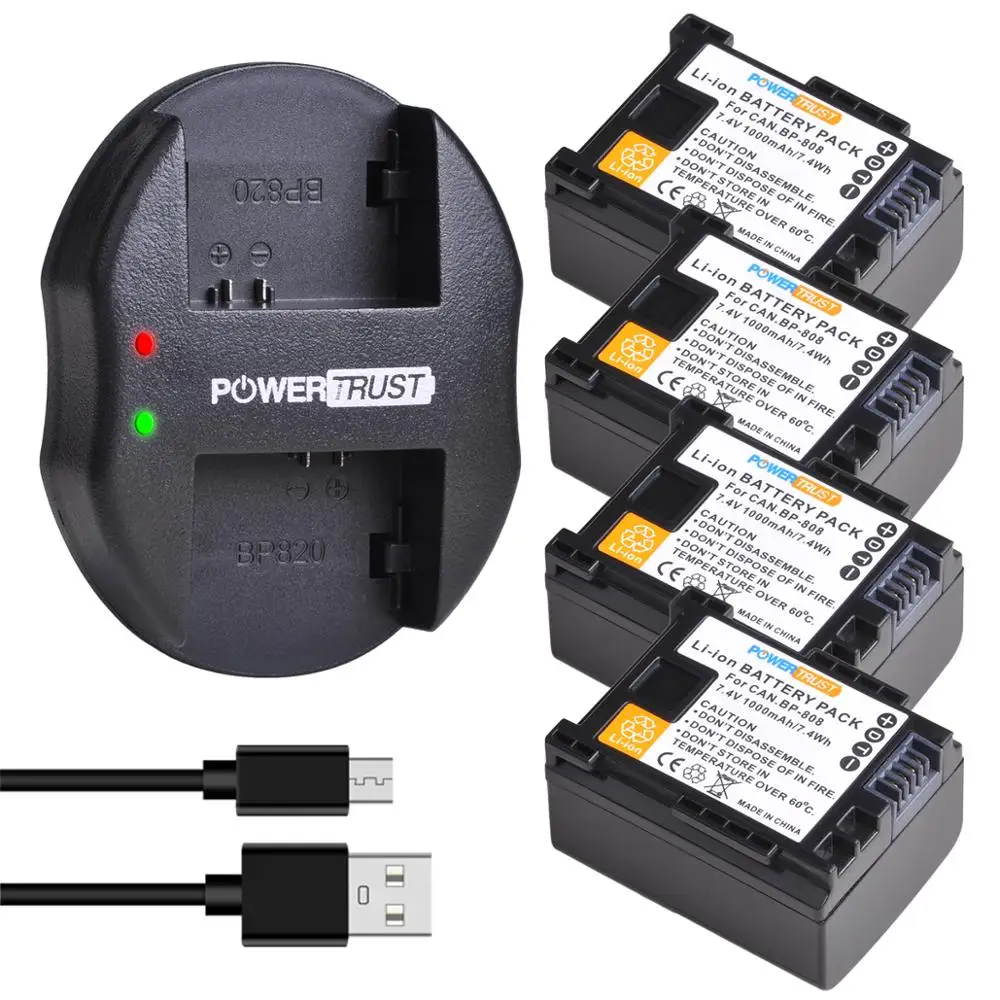 Аккумулятор PowerTrust BP-808 BP 808 + новое двойное зарядное устройство USB для Canon BP-827 827 BP-819