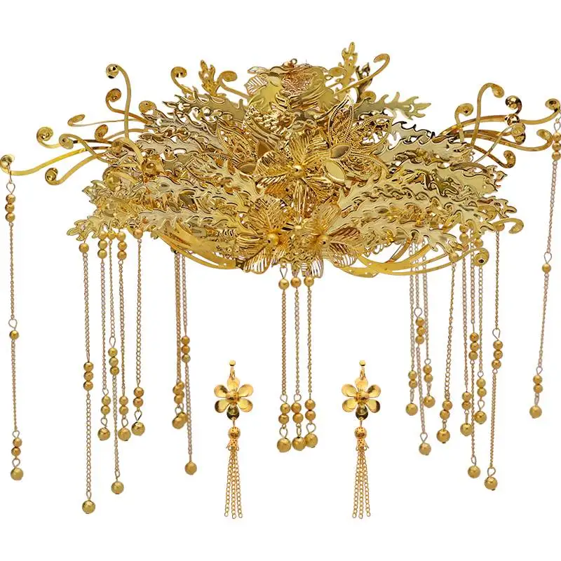 crown earring set NiuShuya ретро Заколка в виде цветка золотой костюм павлина головной убор китайский диадема Феникса украшение для волос Cheongsam искусственные волосы тиара - Окраска металла: crown earring set