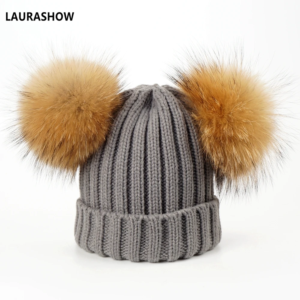 as picture LAURASHOW, зимняя брендовая шапка для взрослых, 16 см, двойная, натуральный мех, помпон, шапка для женщин, шапка, вязаная шапка, шапка, Skullies, женские шапочки - Цвет: as picture
