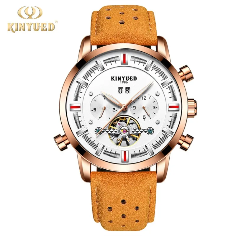 Натуральная KINYUED Jin Yueda мужской кожаный ремешок большой циферблат tourbillon