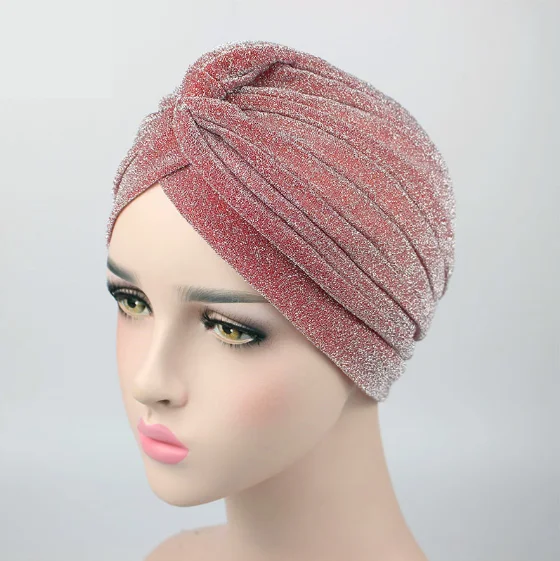 

Moda feminina brilhante turbante poliester sparkly turbante bandana chapau respiravel acessorios para o cabelo turbante muculman