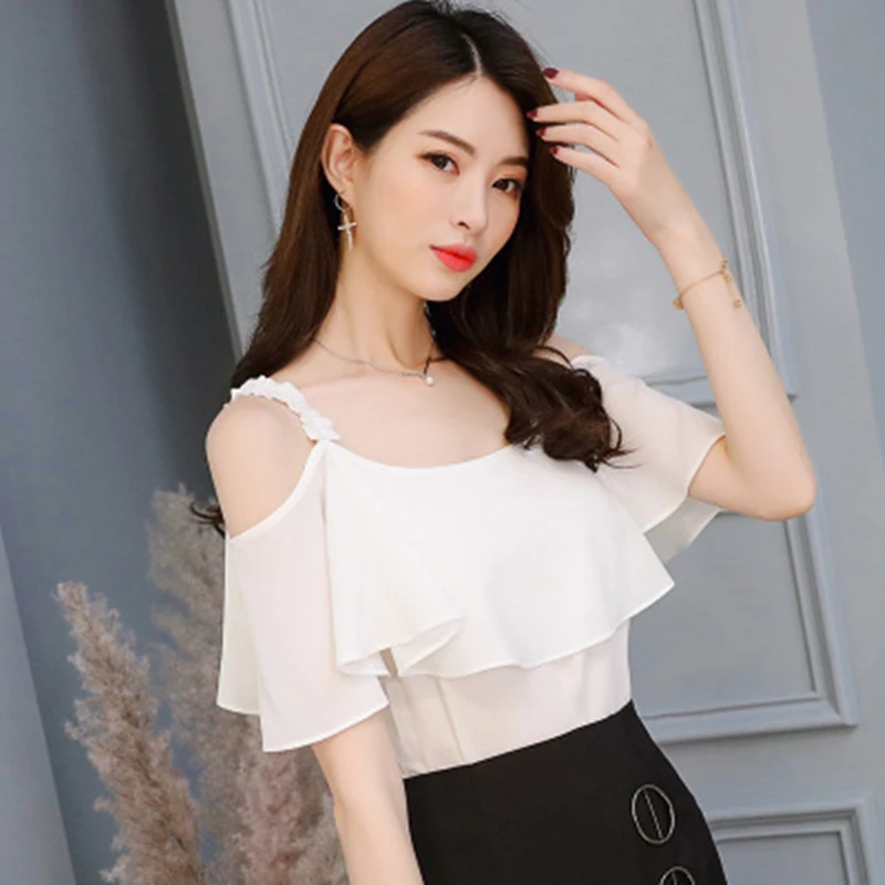 Женская шифоновая рубашка на бретельках однотонная блузка с разрезом лето