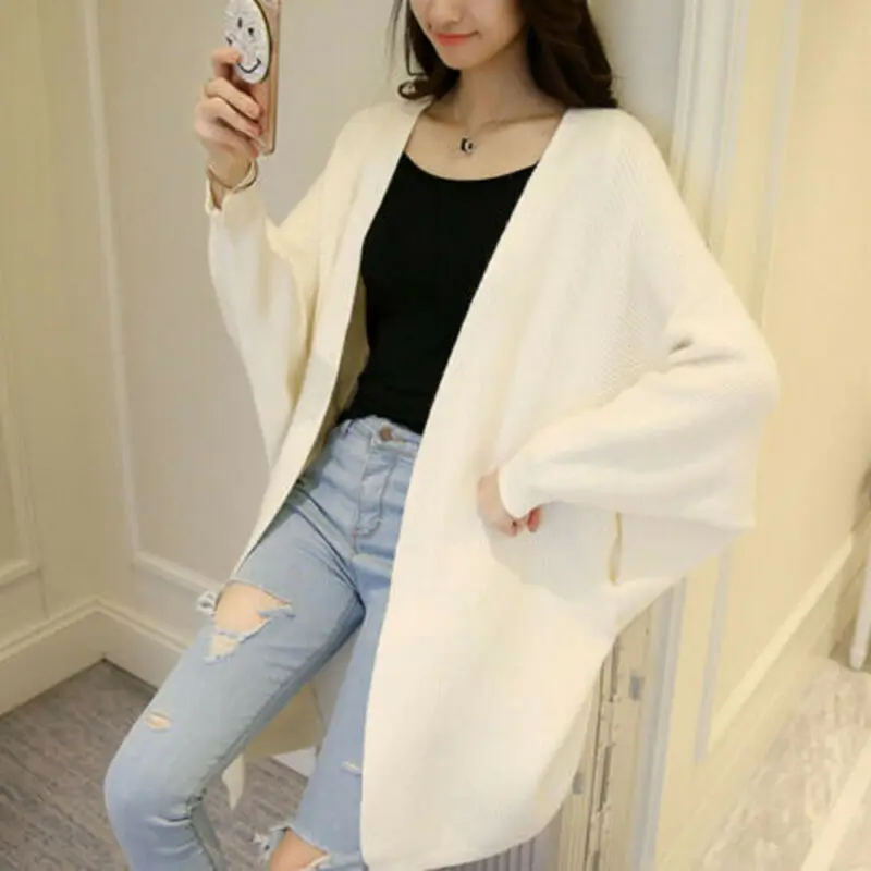 Женский вязаный кардиган однотонный с V-образным вырезом и длинными рукавами