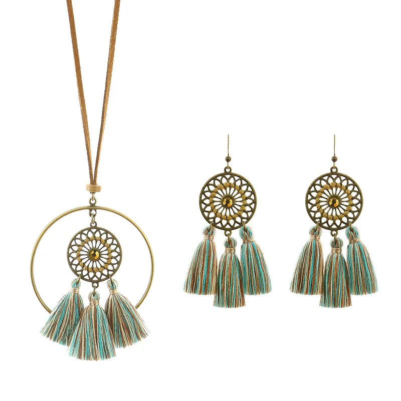 

Retro Bohemian Necklace Earring Set for Women Long Tassels Hollow