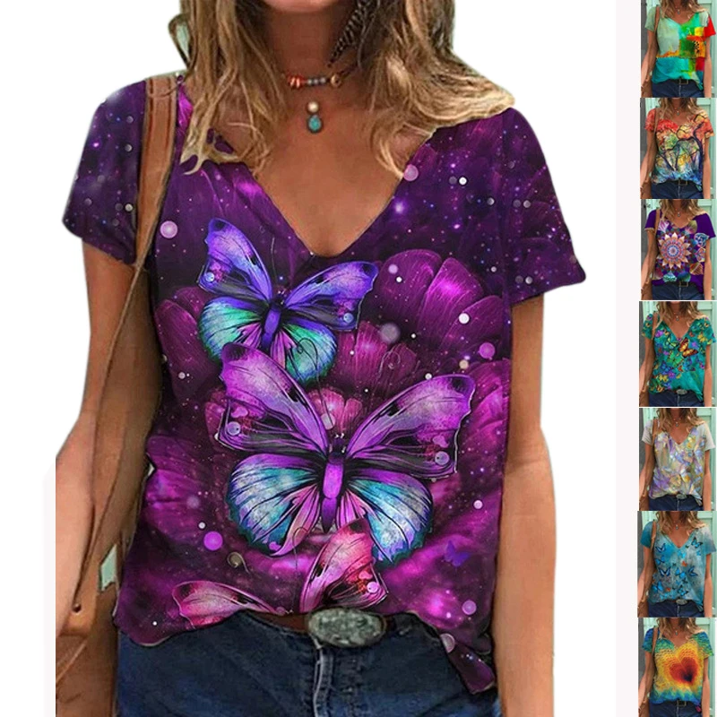 

Summer Design Fashion Print T-Shirt Loose V-Neck Short Sleeve Top Casual Pullover Tees Bottoming Shirt Temperament Women's Wear