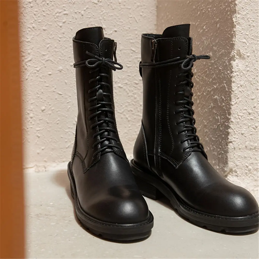 

Brand Design Skidproof Sole Shoelaces Buckle Winter Shoes Cool Motorcycle Boots Genuine Leather Women Boots