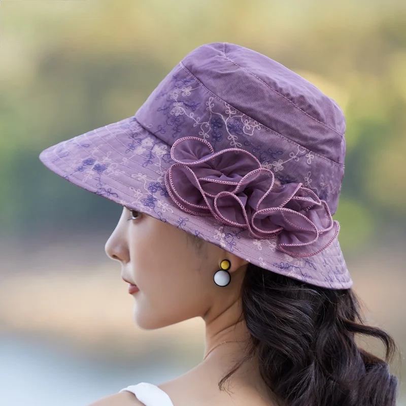 

New retro temperament organza top hat Summer net yarn big brim hat Flower sun hat Grandma hat Ladies cilinder Bucket hat Topper