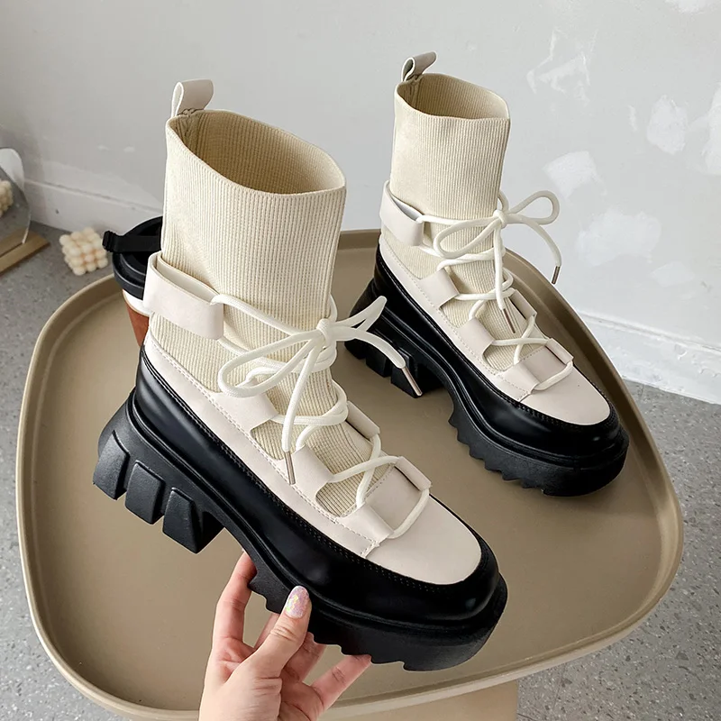 

Осенние женские ботинки-носки, ботинки в готическом стиле на толстой платформе, ботильоны из эластичной ткани на высоком каблуке, зима 2021