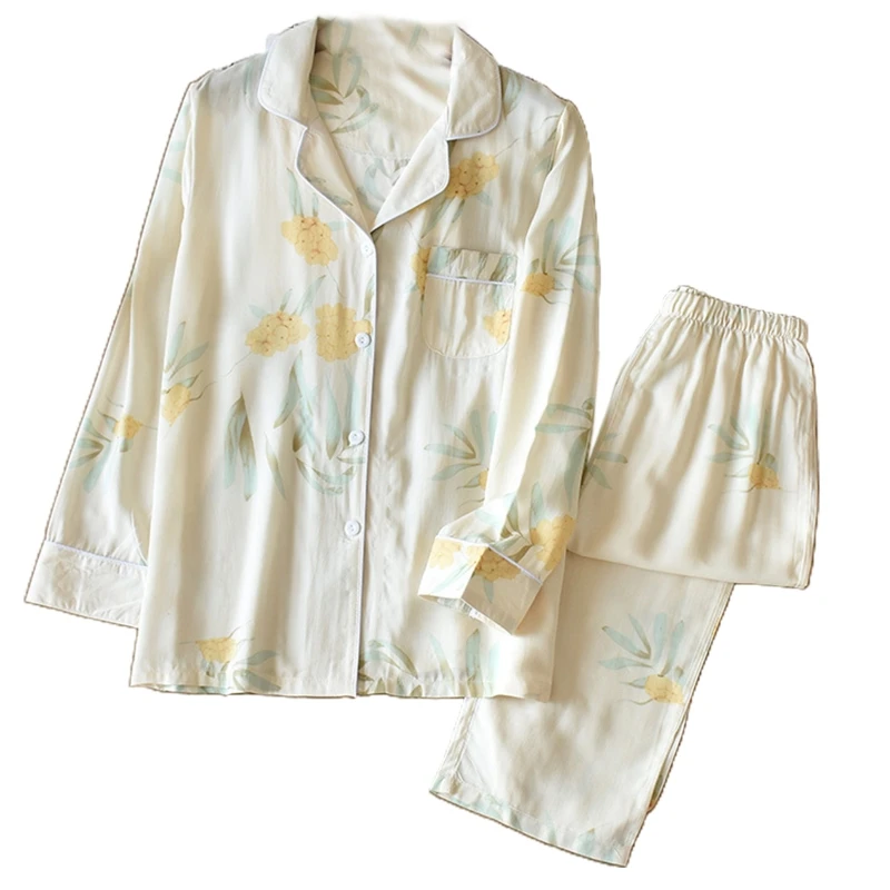 

2021 New Women Autumn 2 Piece Cotton Pajamas Set Long Sleeve Lapel Button Down Tops Loose Pants Vintage Floral Printed Sleepwear