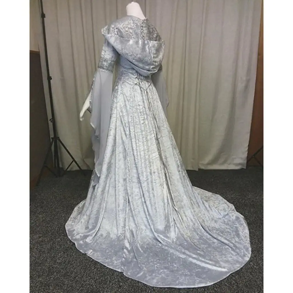 

Medieval Cosplay Ladies Wedding Dress Retro Style Beautiful Solid Color Long-sleeved Hooded Waist Dress Cosplay Wedding Dress