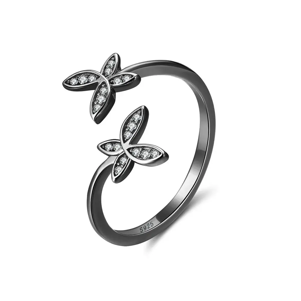 Black Color Effie queen 925 пробы серебряные кольца для женщин AAA кубический циркон четыре цвета бабочка цветок Открытое кольцо ювелирные изделия подарок TSR10 - Цвет камня: Black Color