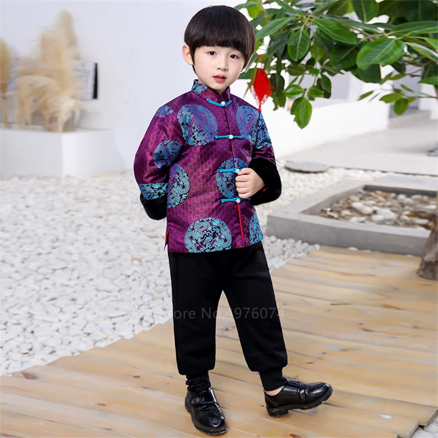 Детский Национальный костюм Тан куртка в китайском ретро стиле с фиолетовой