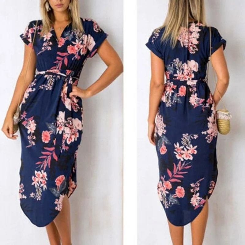 

Womens Ladies Boho Short Sleeve Midi Dress Summer Beach Lace Up Office OL Dress