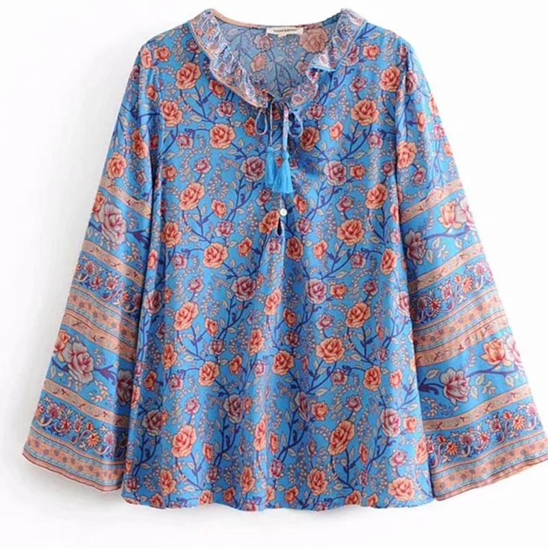 Цветочный принт Топы с длинным рукавом Блузка элегантная женская Свободная