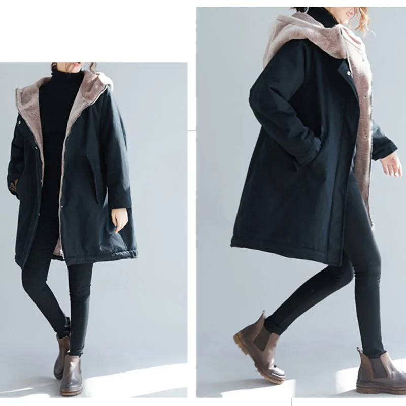 2022 Winter New Plus Velvet Cotton-Padded Jacket Korean Loose Mid-Length Thick Contrast Stitching Hooded Cotton Jacket Women