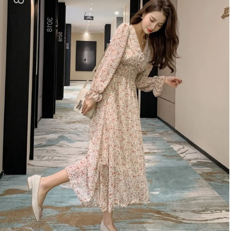 

2022 New Style Woman Dress Vestido De Mujer Femme Robe Floral Women's Chiffon Mid-Length Retro Printed
