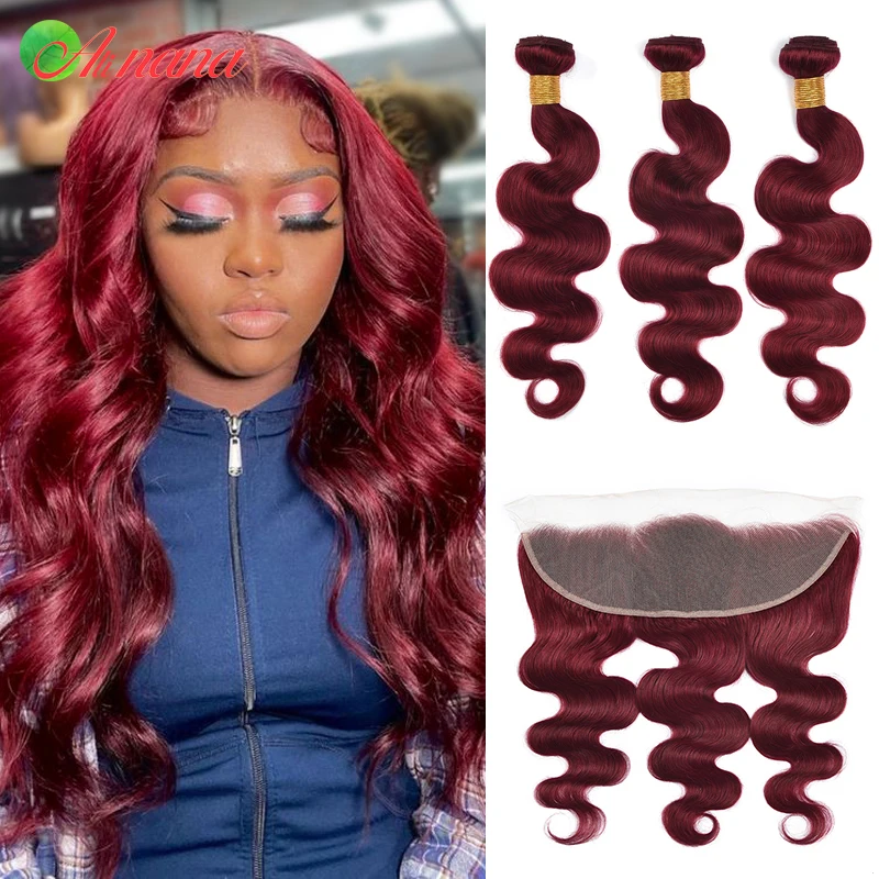 Body Wave Bundles with Closure Brazalian Hair Bundles with Closure Remy 100% Human Hair Bundles with Frontal Cherry Red 99 Color