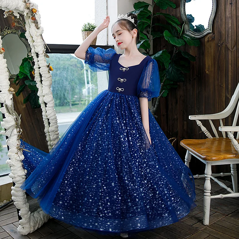 Luxury Sequins Long Ball Gown for Teenagers Girls Elegant Stage Show Costumes Child Party Frocks Infant Pageant Ceremony Vestido