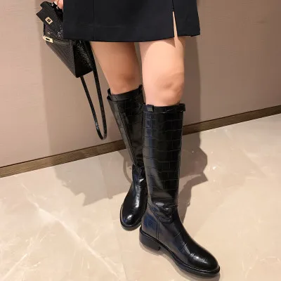 

New Belt Buckle Knight Boots Round Toe Thick Heel Knee-Length Boots Crocodile Genuine Leather Flat High-Top Riding Boots Women