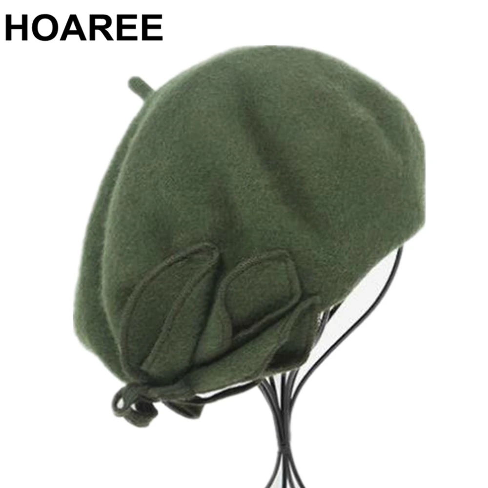 

HOAREE 100% Wool Vintage Beret Hat Women Felt Beret Army Green British Style Girls Berets Ladies Slouchy Bowknot Winter Hats
