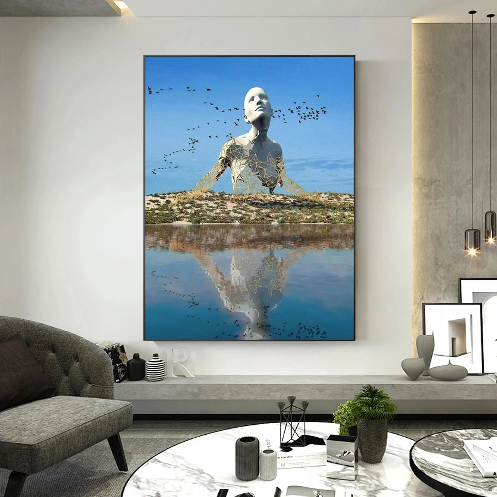 

Modern Abstract Art Men ang Birds Shadow In The Water Canvas Painting Posters Prints Wall Art Picture for Living Room Decor