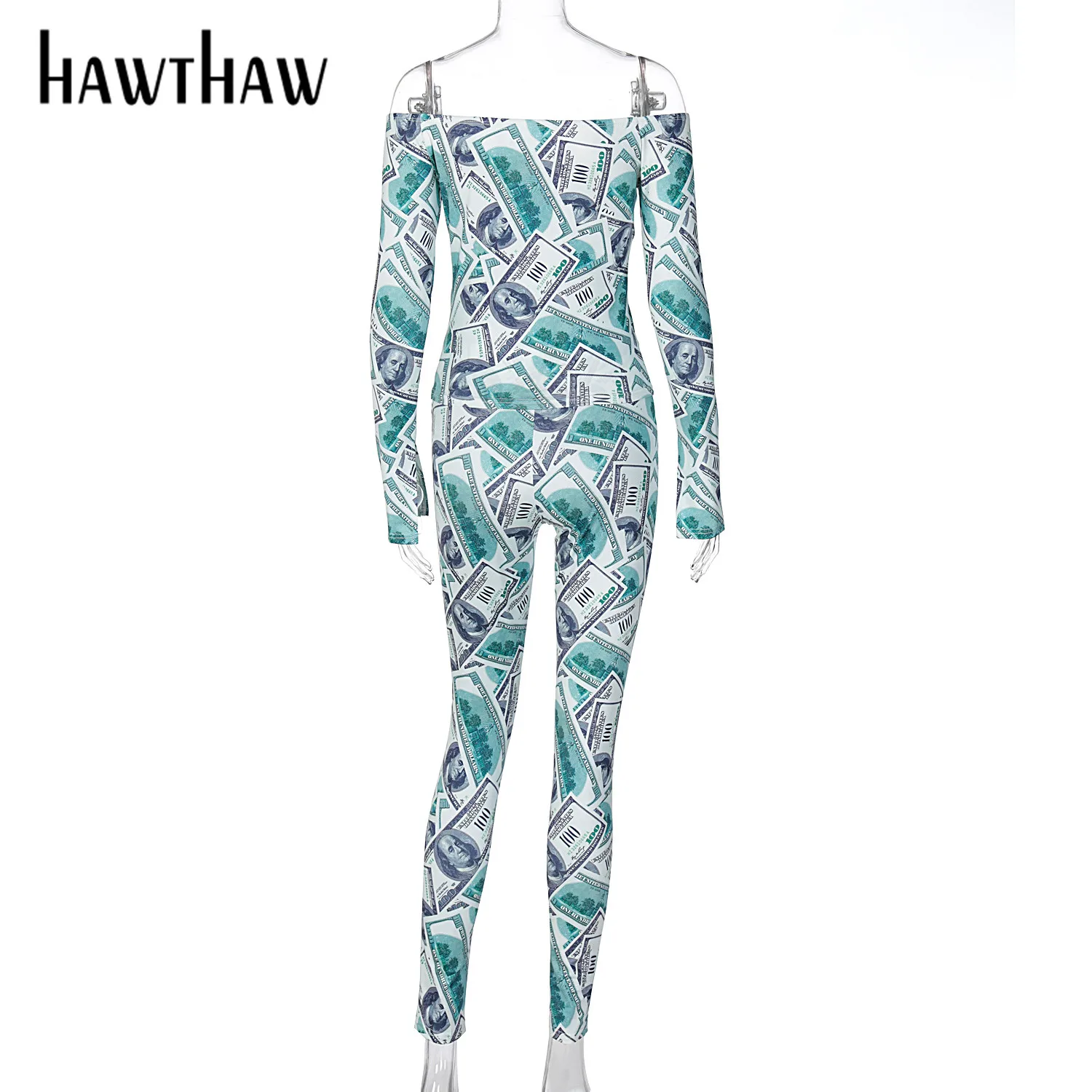 

Hawthaw Women Slash Neck Long Sleeve T Shirts Tops Long Pants Streetwear Autumn Printed Two Piece Sets 2020 Fall Clothes