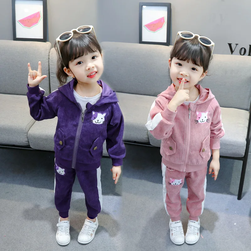 

Spring Autumn Casual Children Girls Clothes 2 Piece Sets Corduroy Cute Cartoon Hooded Jackets+Pants Baby Girls Outfits 12M-4T
