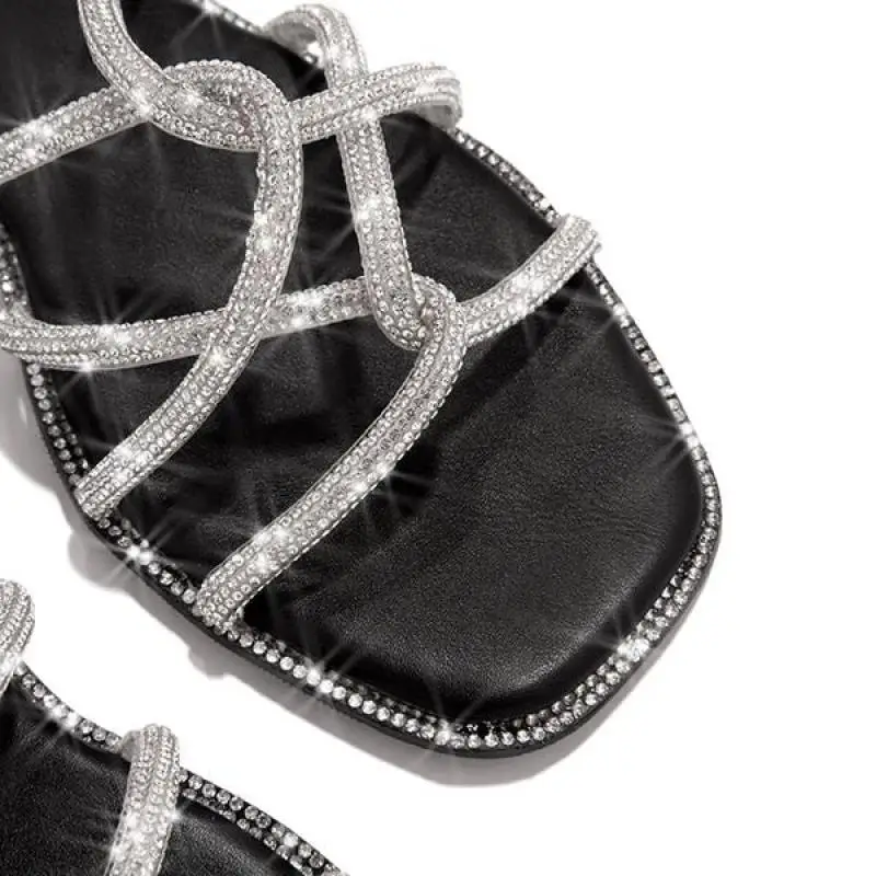 

Square Toe Crystal Bling Slippers Women Sandals 2021 Fashion Beach Flip Flops Ladies Flat Shoes Open Toe Casual Slipper Footwear