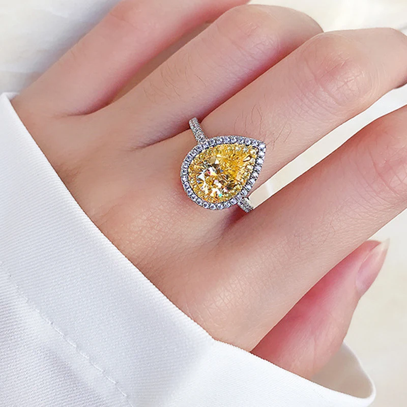 

COSYA 100% 925 Sterling Silver Water Drop Yellow High Carbon Diamond 7*10mm Personality Fashion Party Female Rings Fine jewelry