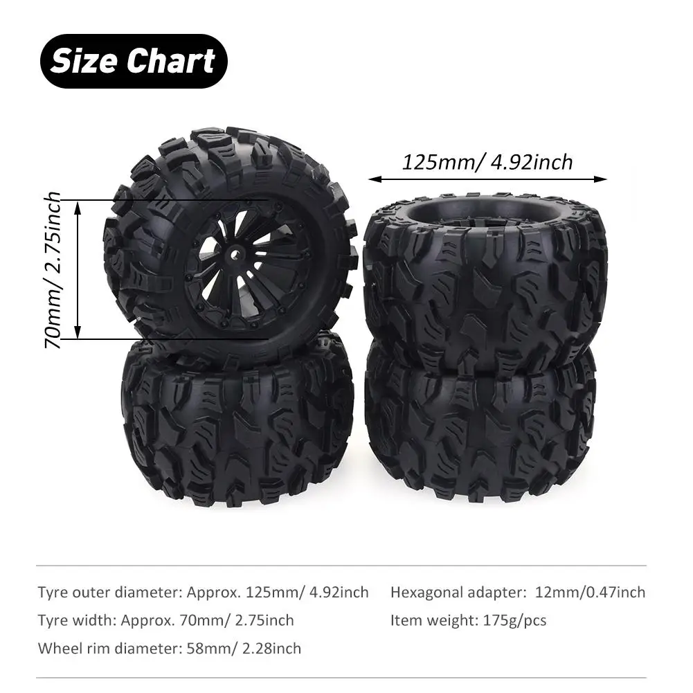 4 шт. 125 мм шестигранные колеса для Monster Truck 1/10 RC внедорожные и 12 Traxxas Tamiya Kyosho HPI HSP Savage