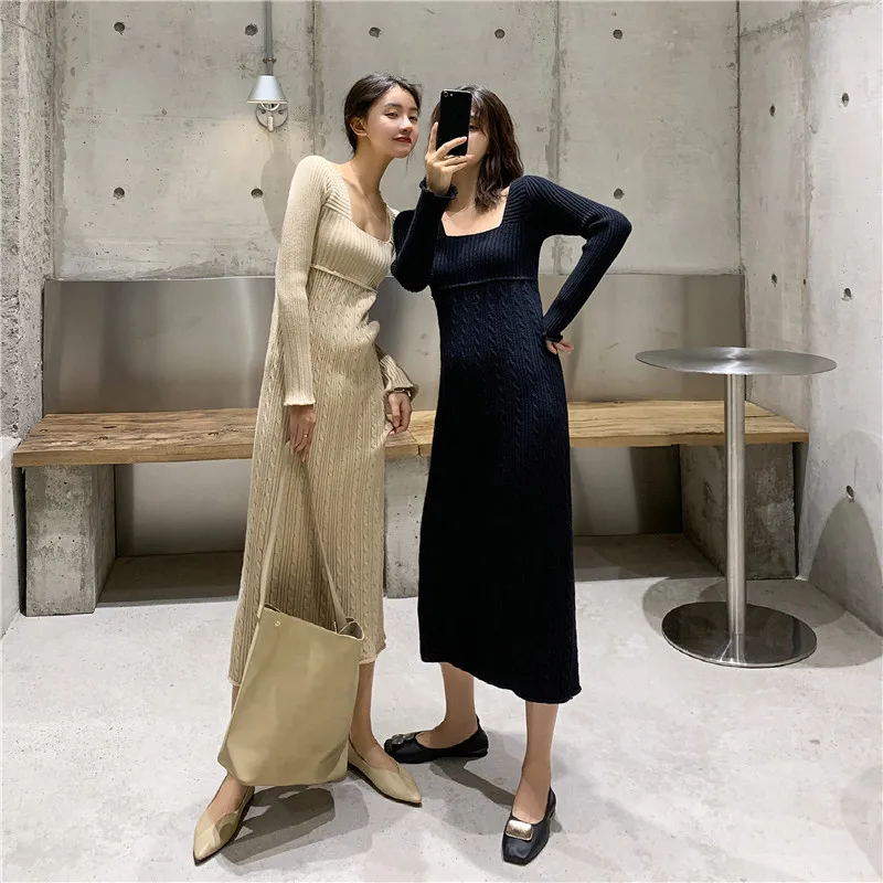 

Women Square Collar Knitted Dress 2020 New Autumn And Winter Long Sleeve French Retro Female Dresses Slim Knitwear